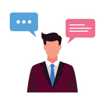 Professional businessman avatar illustration showcasing digital communication, customer support, online chat, and messaging concepts with speech bubbles and text for web and app interface design vector