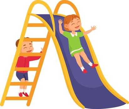 Happy children enjoying active play on playground slide vector