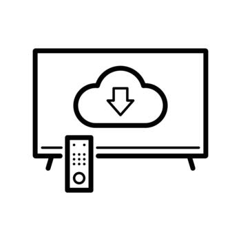 Outline icon of a smart television screen displaying a cloud download symbol, accompanied by a remote control. representing digital content delivery, streaming services. vector