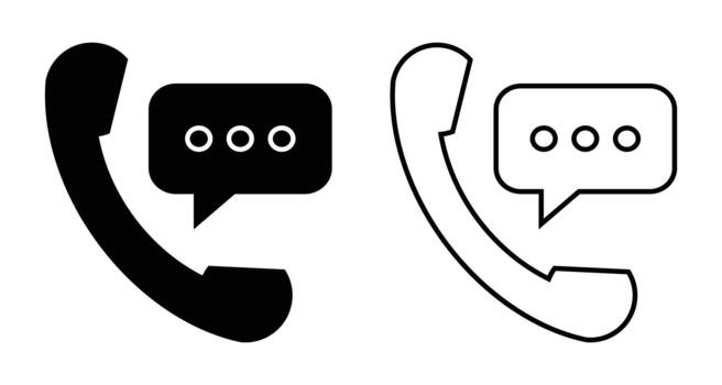 Communication icon set featuring two distinct styles of telephone receivers with speech bubbles, representing phone calls, messaging, contact, and support services on a clean background vector