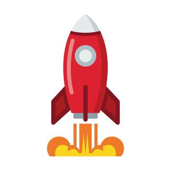 Red rocket launching with vibrant orange and yellow flames, symbolizing startup success, business growth, innovation, and technological advancement, representing progress and ambition, isolated. vector