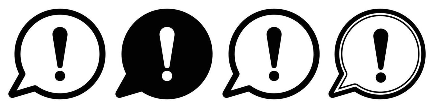 Warning and alert icons in speech bubble shapes, featuring exclamation marks in various black and white styles, perfect for digital interfaces, safety, and urgent communication needs vector
