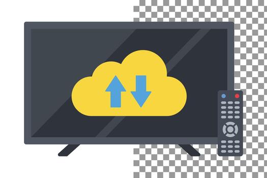 inteligente televisión mostrando un amarillo nube icono con azul arriba y abajo flechas, representando datos transferir, nube informática, transmisión servicios, con un remoto control. vector