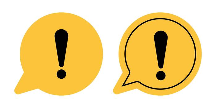 Exclamation mark warning icons in yellow speech bubbles with and without outline for attention, alert, caution, and important information notifications. vector