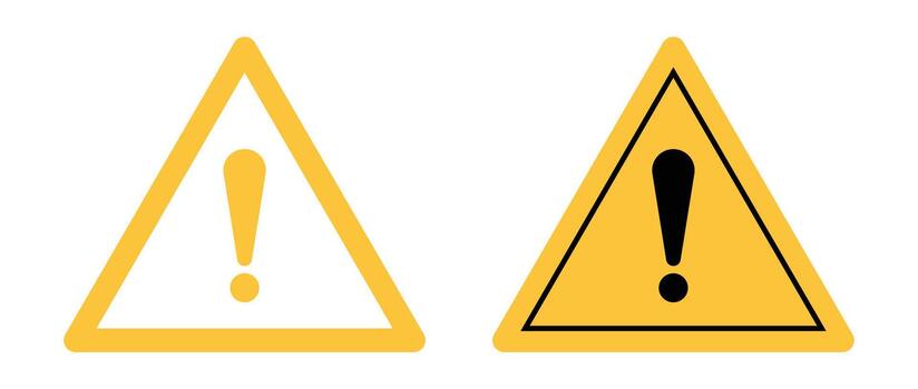 Warning signs, two variations of yellow triangular icons with exclamation marks, one outlined with a solid yellow mark, the other solid yellow with a black mark. vector