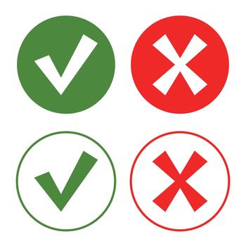 Checkmark and x mark icons set illustrating approval, acceptance, correctness, success, confirmation, denial, refusal, error, failure, and incorrectness options vector