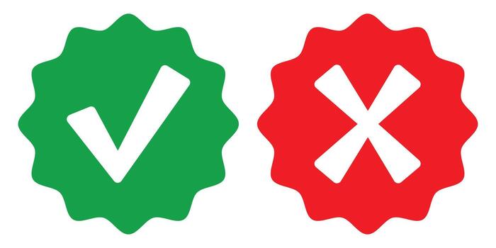 Green checkmark and red cross icons on a white background, symbolizing approval, success, verification, right, and denial, failure, error, wrong, choice, decision, true, false. vector