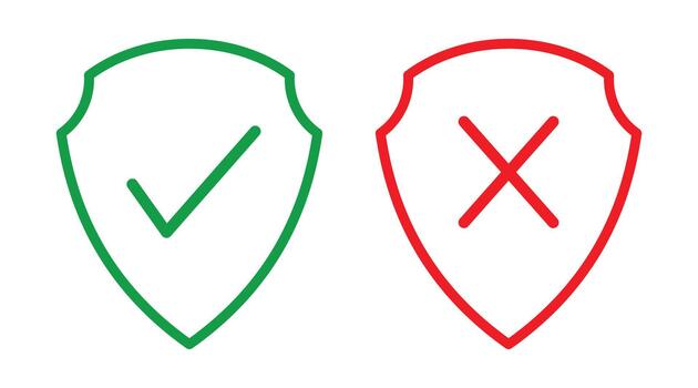 Shield icons illustrating approval and rejection, with a green shield containing a checkmark for verification and a red shield with an x for denial, symbolizing secure status. vector