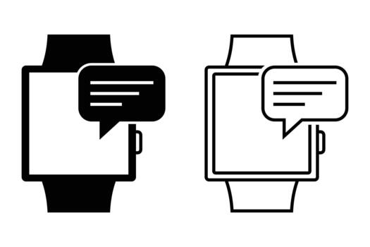 Smartwatch message notification icon set, including a solid black filled version and a sleek outline version, perfect for modern digital communication and wearable tech designs. vector