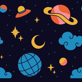 Outer space seamless pattern with planets stars ufo vector