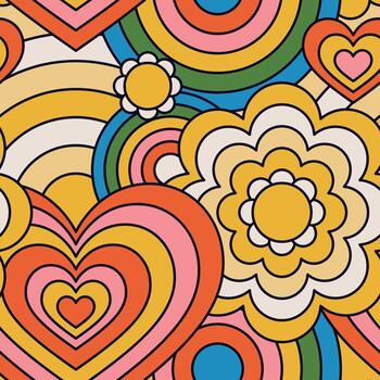 Retro seamless pattern with hearts and groovy flowers vector