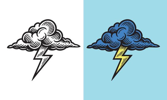 Thundercloud with bold lightning bolt, detailed hand-drawn style and strong shading lines vector