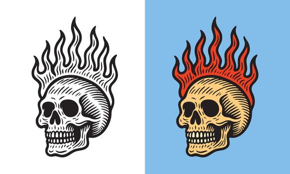 A skull with rising flames above it, drawn with bold lines and intense detailing for a dramatic look. vector