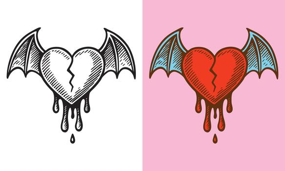 A broken heart with bat wings and dripping drops, drawn with bold lines and dark expressive detailing. vector