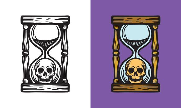 An hourglass with flowing sand and a skull at the base, illustrated with bold lines and strong shading. vector