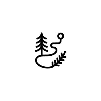 Minimalist line art representing a winding path leading to a stylized fir tree and pine needles vector