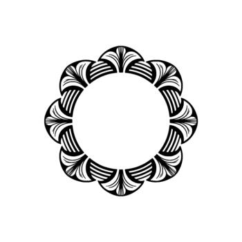 A stylized art deco radial floral frame with intricate symmetrical petal motifs and sharp linework creating an elegant circular border vector