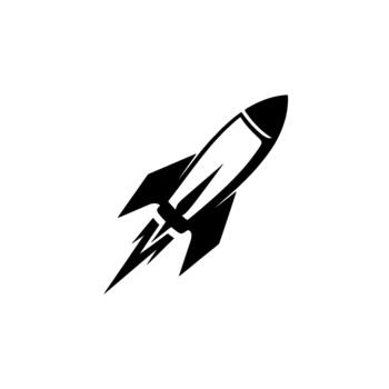 A bold silhouette of a retro style rocket ship with stylized flames shooting from its tail ascending into a clean background vector