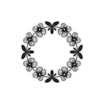 A delicate hand drawn floral wreath featuring alternating small petaled flowers and simple leaf clusters arranged in a circular pattern vector