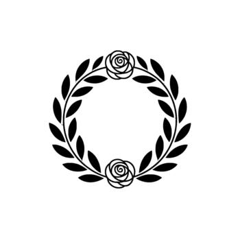 Minimalist silhouette of a circular laurel wreath adorned with two stylized roses positioned at the top and bottom vector