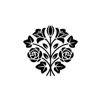 A monochromatic illustration of a symmetrical floral emblem featuring stylized roses lilies and buds arranged in a circular bouquet with sharp leaf elements vector