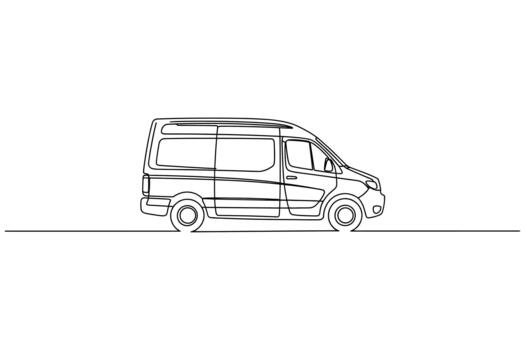 Minimalist line art sketch of a modern cargo van in profile view on a white background vector
