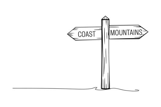 Rustic wooden signpost pointing towards the coast and mountains in a hand drawn sketch style vector