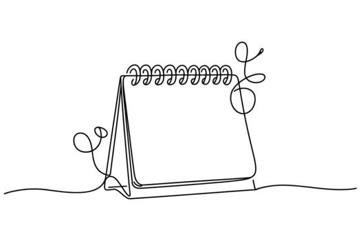 Minimalist single line drawing of an open spiral bound desk calendar with decorative flourishes vector