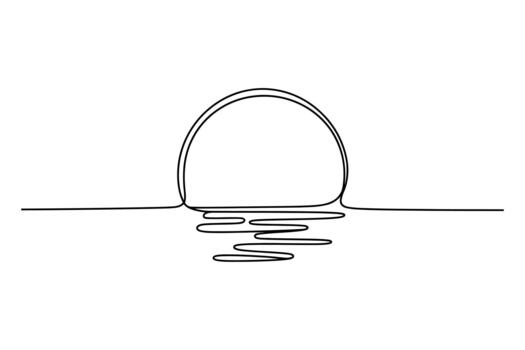 Minimalist single line drawing of a setting sun reflecting on calm water at dusk vector
