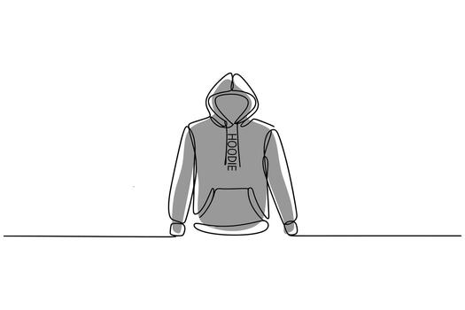 Minimalist single line drawing of a gray hoodie with a front pocket on a white background vector