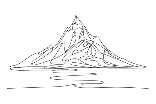 A stark black and white line drawing depicting a majestic mountain peak with winding path below vector