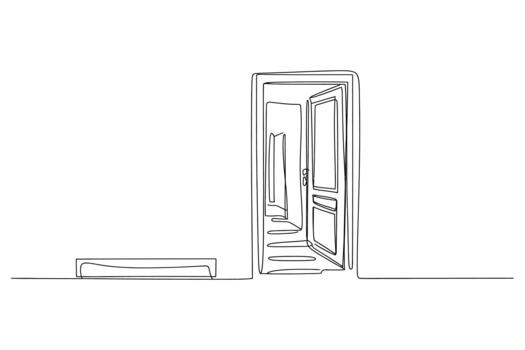 Minimalist sketch of an open doorway revealing a hallway with a bench in a simple architectural illustration vector