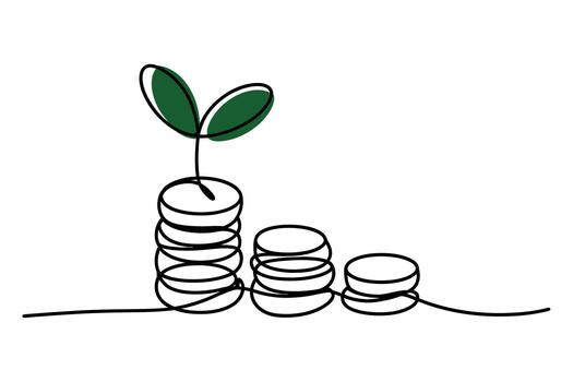 Conceptual illustration of financial growth and investment success with a seedling sprouting from stacked coins vector