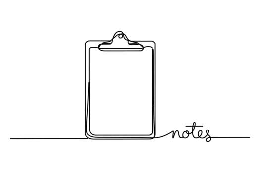 Minimalist single line drawing of a clipboard with the word notes written beside it vector
