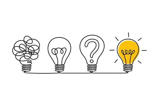 Visualizing the journey from confusion and questions to a bright illuminating idea vector