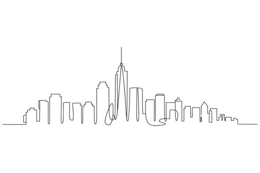 Minimalist continuous line drawing of a modern city skyline with tall buildings and skyscrapers vector