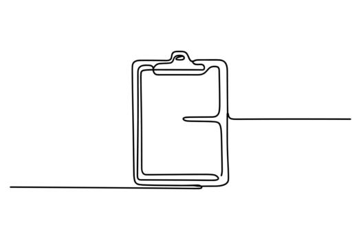 Minimalist single line drawing of a clipboard with a blank page and a horizontal line extending vector