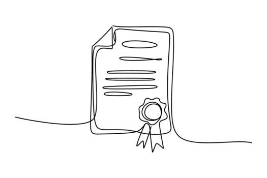 A minimalist single line drawing of a certificate with a ribbon and seal signifying achievement and recognition vector