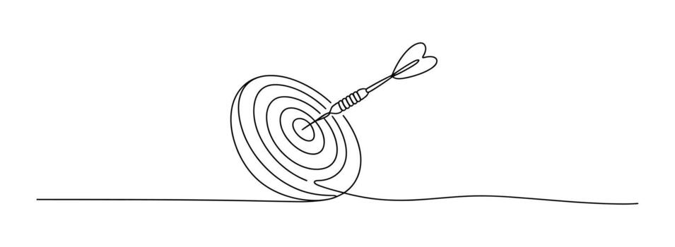 Minimalist single line drawing captures the moment a dart hits the bullseye on a target vector