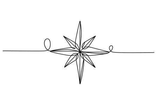 Elegant single line drawing of a starburst or compass rose with decorative loops on a white background vector
