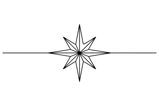 Elegant minimalist line art of a stylized eight pointed starburst compass rose centered on a horizontal line vector
