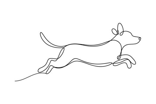 Minimalist continuous line drawing capturing the energetic motion of a happy dog in mid leap vector