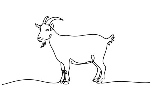 Minimalist single line drawing of a standing goat with horns and beard on a white background vector