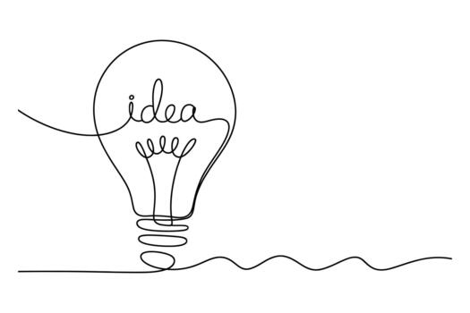 Continuous line drawing of a light bulb symbolizing a bright idea with the word idea written inside vector