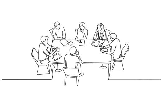 Sketch of diverse individuals gathered around a large table engaged in a collaborative meeting or discussion vector