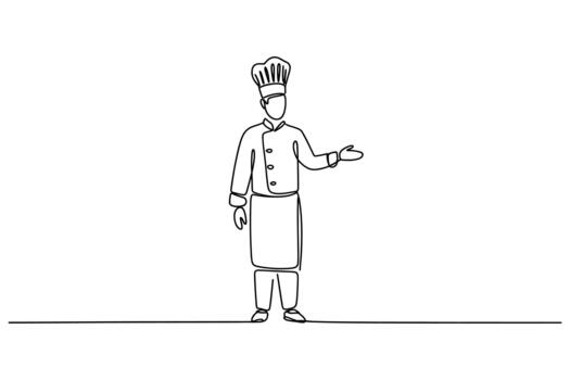 A minimalist line drawing of a chef in uniform standing and gesturing with an open hand vector