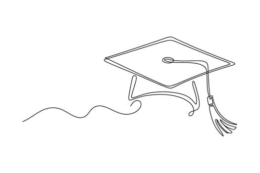 A simple black and white line drawing of a graduation cap with a tassel and streamer on a white background vector