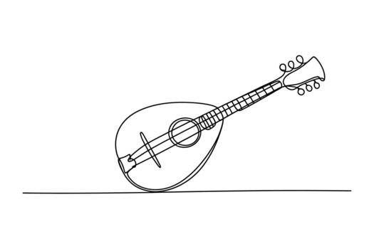 A simple hand drawn line art illustration of a mandolin resting on a horizontal line against a white background vector