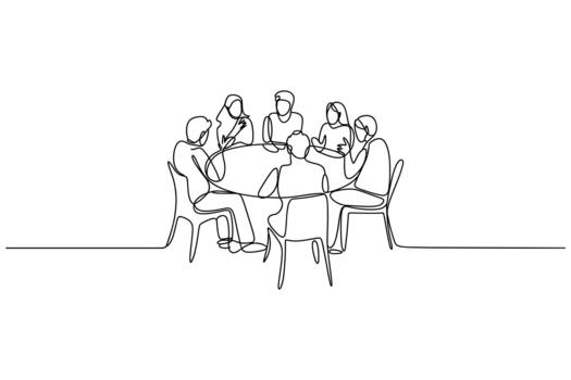 Minimalist line art depicting a group of people in conversation around a circular table vector