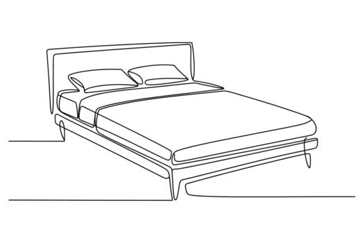 A minimalist line drawing of a neatly made double bed with two pillows and a headboard presented in black and white vector